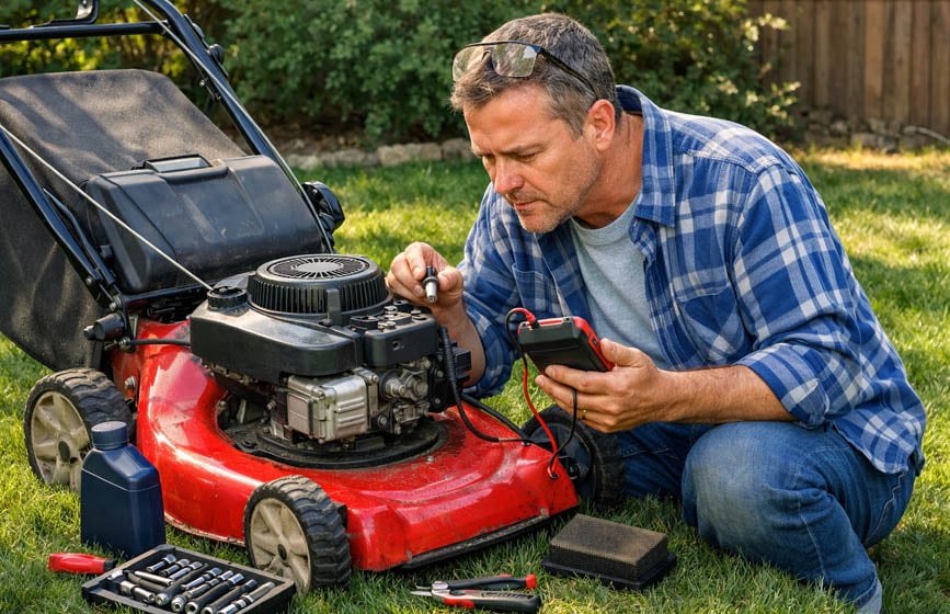 “Man fixing mower