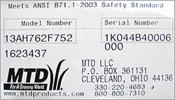 MTD Model Numbers tag